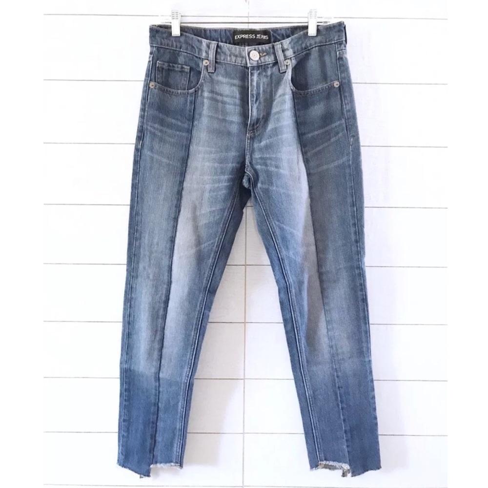 Express Blue Two Tone Raw Denim Girlfriend Jeans - Picture 2 of 8
